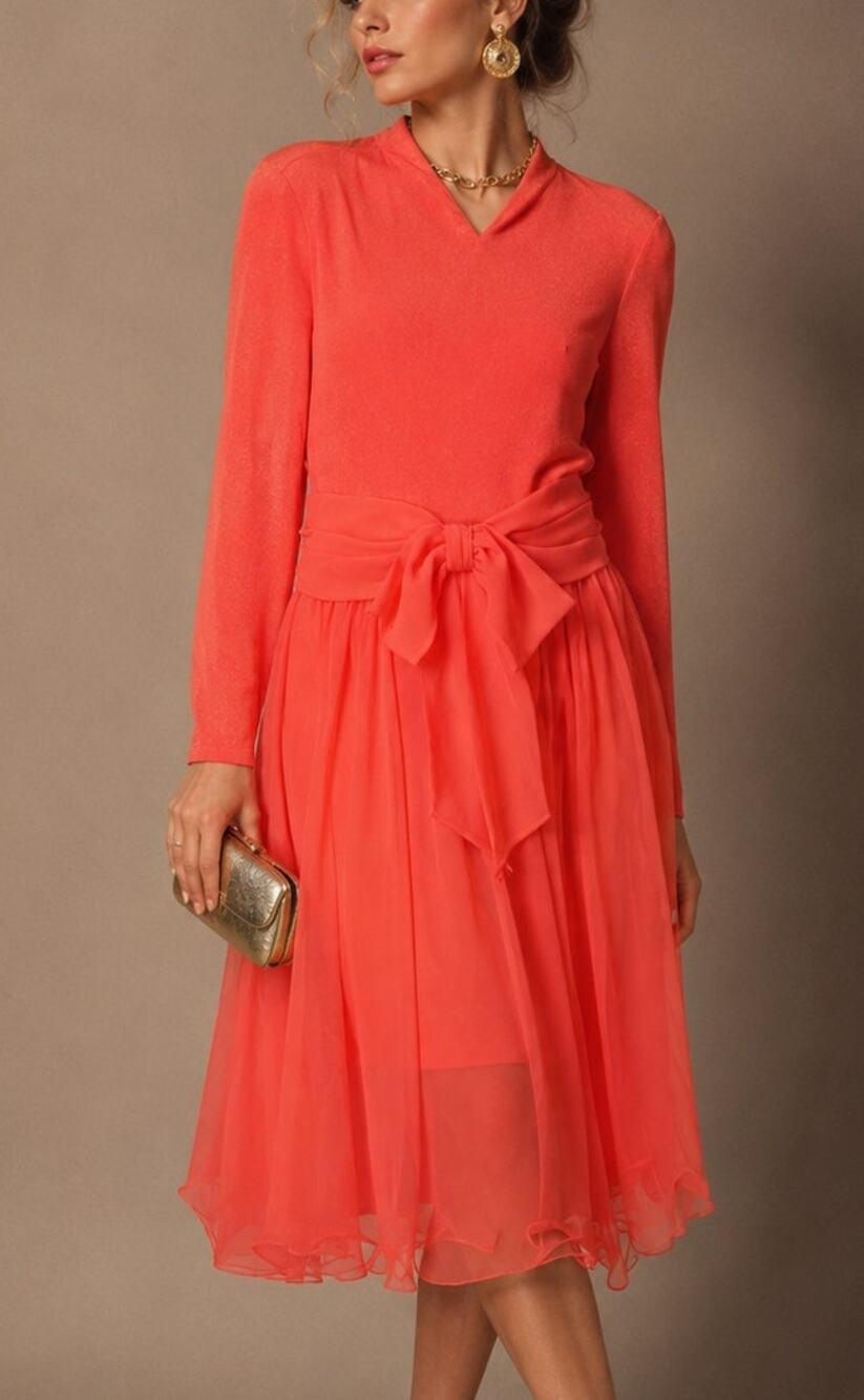 Vintage Miss Elliette Mod Chiffon Bow Midi Dress Medium Orange Retro Glam Party